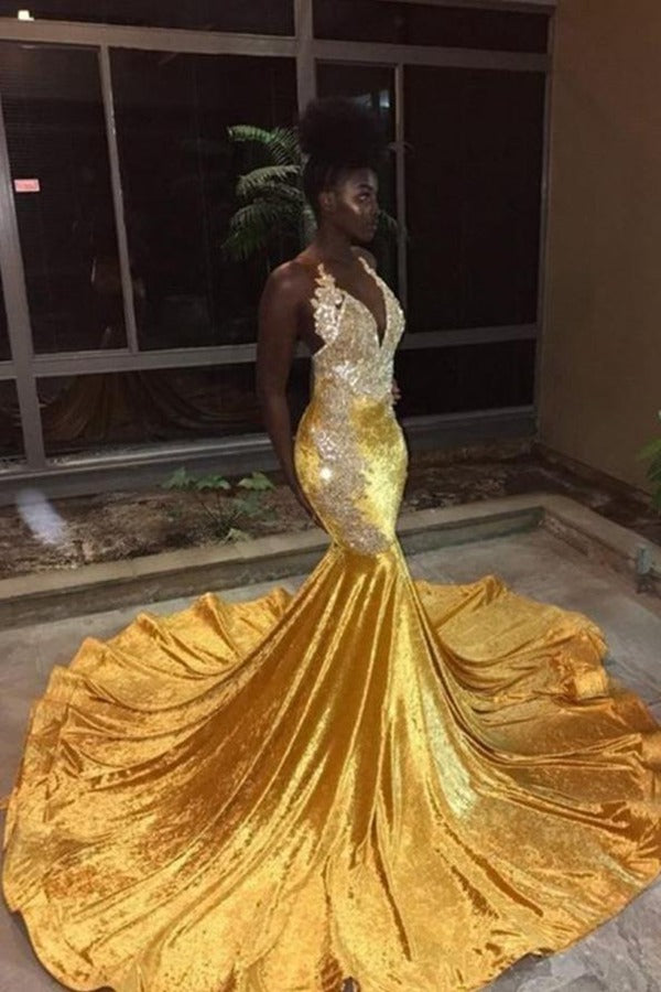 Yellow Elegant V-Neck Mermaid Appliques Evening Gowns JTE338