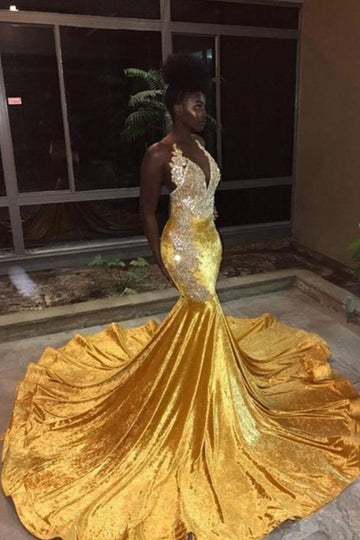 Yellow Elegant V-Neck Mermaid Appliques Evening Gowns JTE338