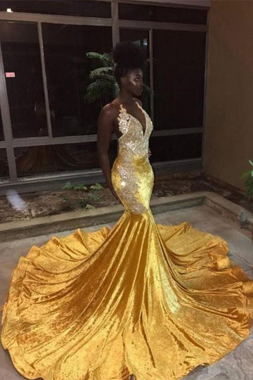 Yellow Elegant V-Neck Mermaid Appliques Evening Gowns JTE338