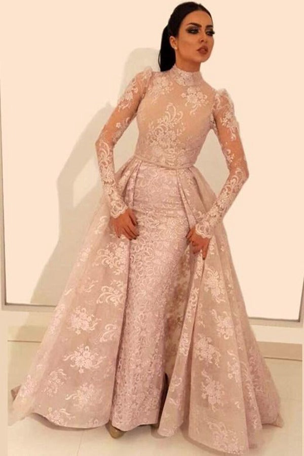 Trendy Long Sleeve Lace High Neck Detachable Skirt Evening Gowns JTE340