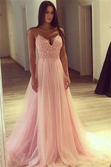 Plus Size Spaghetti Strap V-Neck Pink Prom Gowns JTE343