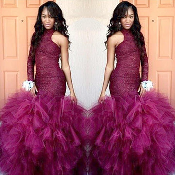 High-Neck One-Sleeve Mermaid Lace Evening Gowns JTE344