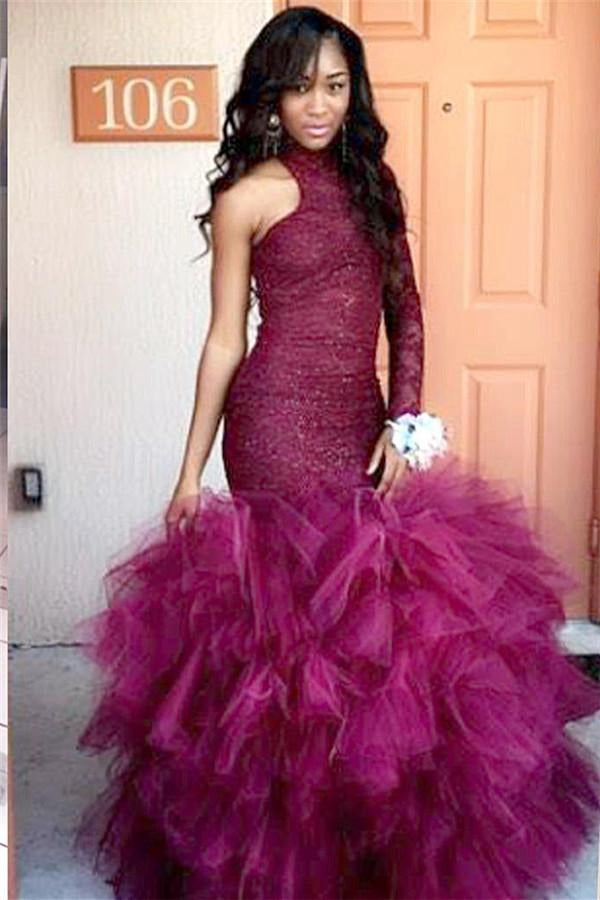 High-Neck One-Sleeve Mermaid Lace Evening Gowns JTE344