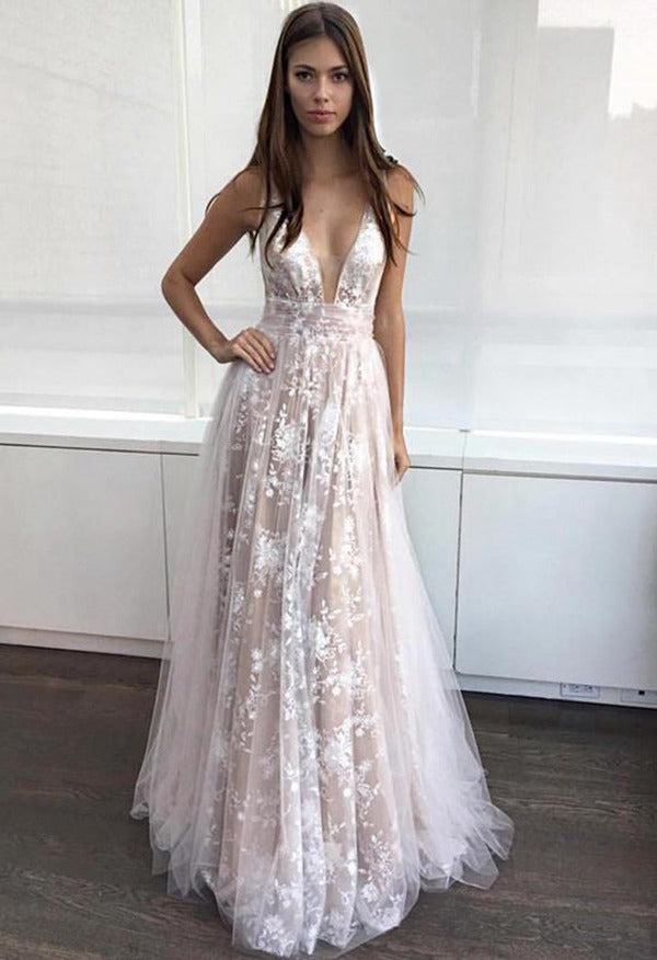 Deep-V-Neck White Lace-Appliques A-line Prom Dress JTE345