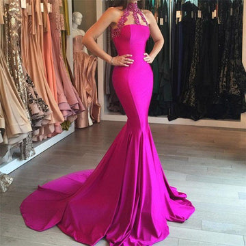 Dark Fuchsia High-Neck Lace-appliques Mermaid Evening Gowns JTE346