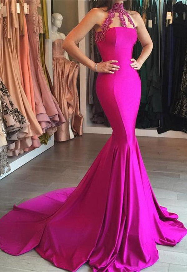 Dark Fuchsia High-Neck Lace-appliques Mermaid Evening Gowns JTE346