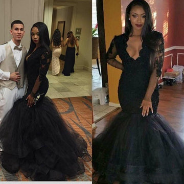 Black Long Sleeve Beading V-neck Mermaid Evening Gowns JTE347