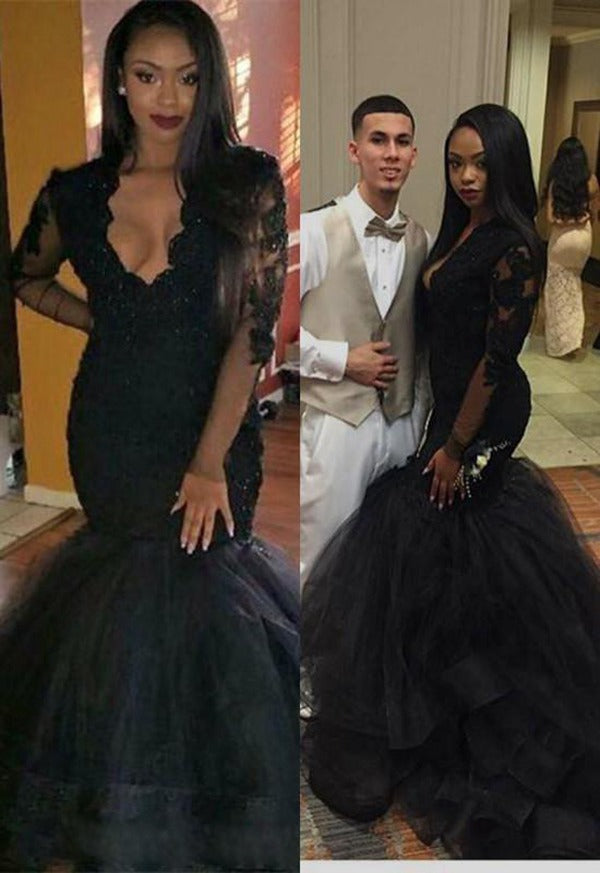 Black Long Sleeve Beading V-neck Mermaid Evening Gowns JTE347