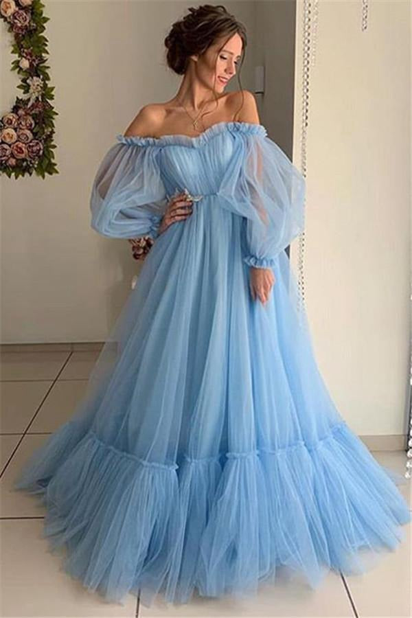 Blue Off-The-Shoulder Long-Sleeves Sheer-Tulle A-Line Prom Gowns JTE352