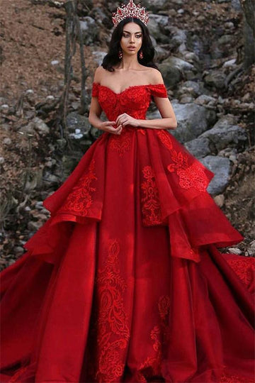 Red Ball Gown Appliques Off-the-Shoulder Prom Gowns JTE354