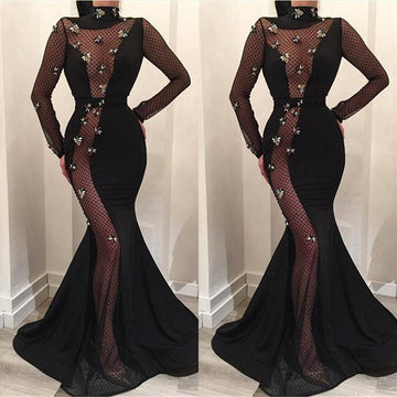 Trendy Black Mermaid High-Neck Long-Sleeves Evening Gowns JTE355