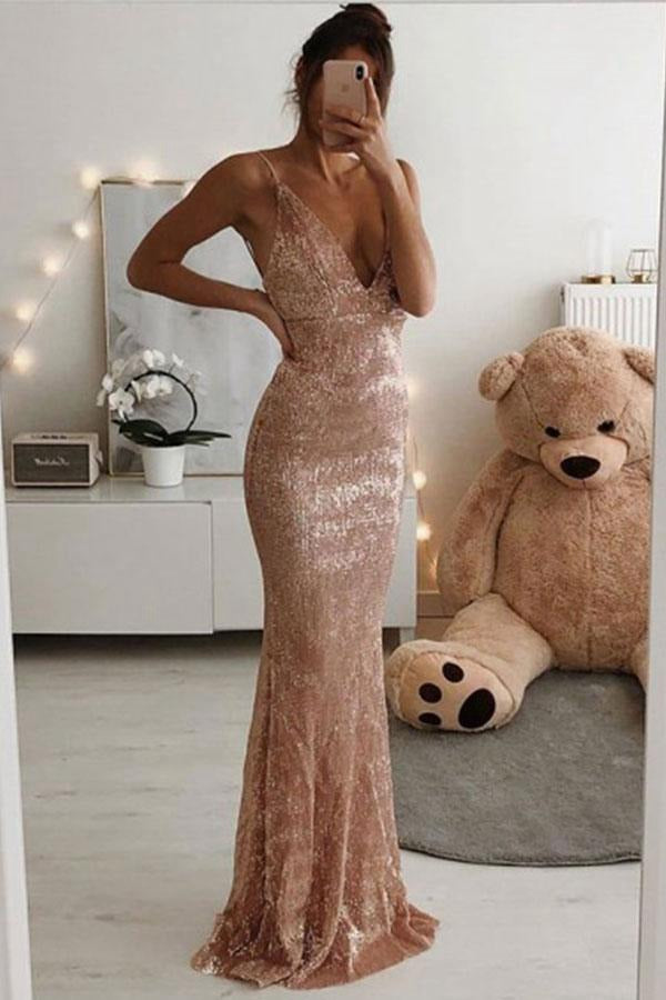 Rose Pink Sequin Spaghetti Strap V-neck Column Evening Gowns JTE357 Rose Pink Sequin Spaghetti Strap V-neck Column Evening Gowns JTE357