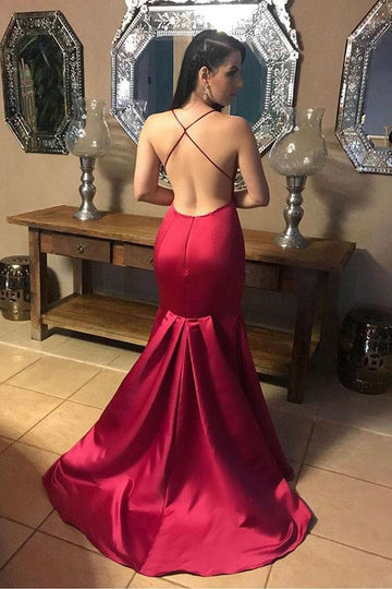 Ruby Red Spaghetti Strap Criss-cross Column Prom Gowns JTE358