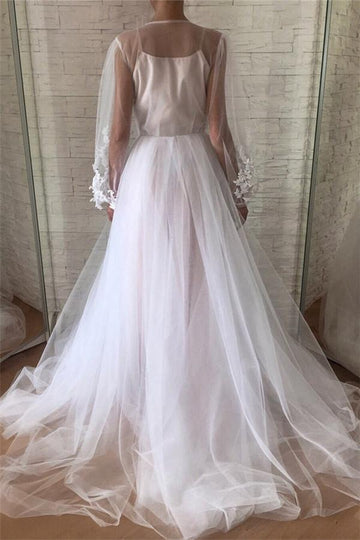 White Tulle Lace Appliques Bubble Sleeves Evening Gowns JTE361