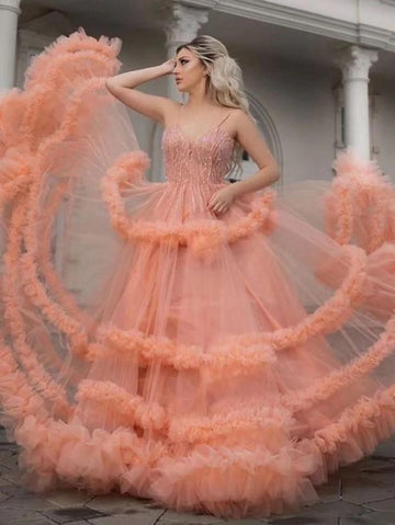 Pink Spaghetti Straps Coral Ruffles Prom Dress JTE362