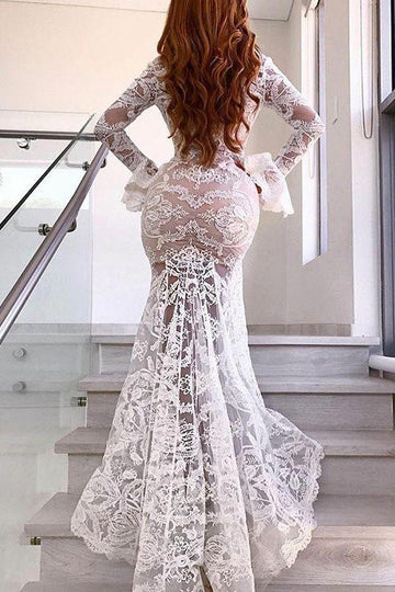 White Long Sleeves V-Neck Lace Evening Gowns JTE366