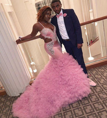 Mermaid Spaghetti Straps Crystal Beads Pink Evening Gowns JTE367