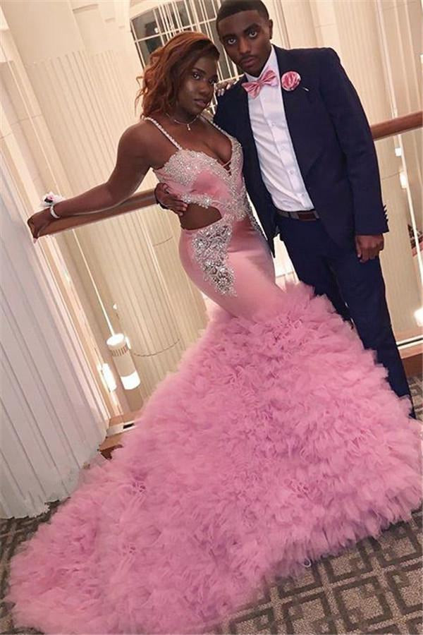 Mermaid Spaghetti Straps Crystal Beads Pink Evening Gowns JTE367