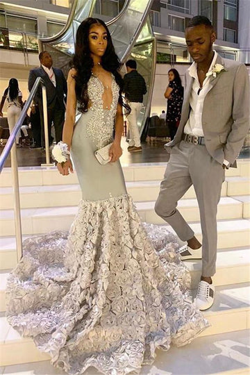 V-neck Beads Appliques Flowers Mermaid Evening Gowns JTE368