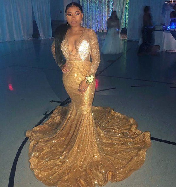 Gold Sparkling Appliques V-neck Long Sleeve Plus Size Evening Gowns JTE372