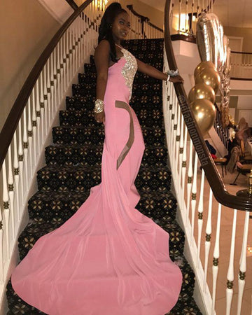 Pink Spaghetti Straps Sparkling Crystal Mermaid Evening Gowns JTE374