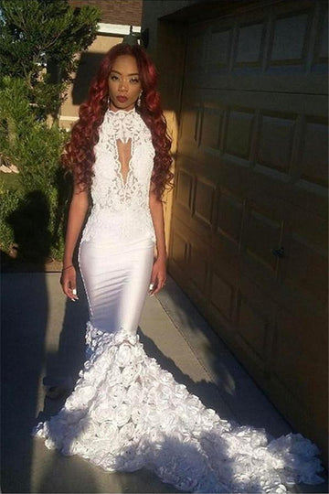 White Lace Appliques Flowers Mermaid Evening Gowns JTE375
