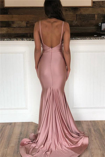 Pink Spaghetti-Straps V-Neck Mermaid Evening Gowns JTE376