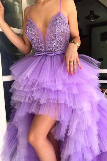Purple Hi-Lo V-neck Spaghetti Straps Appliques Prom Gowns JTE378