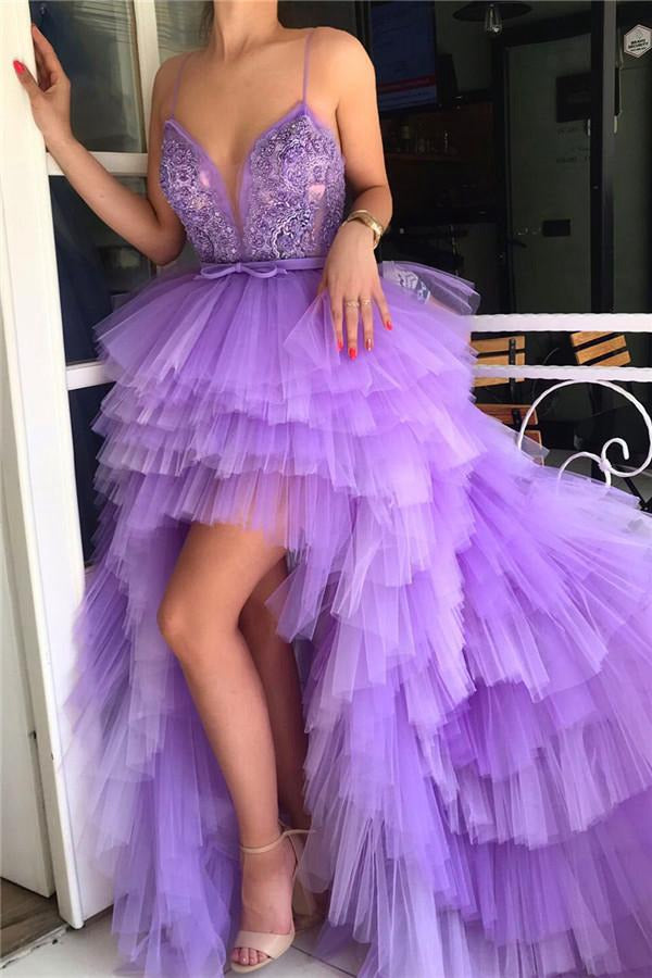 Purple Hi-Lo V-neck Spaghetti Straps Appliques Prom Gowns JTE378