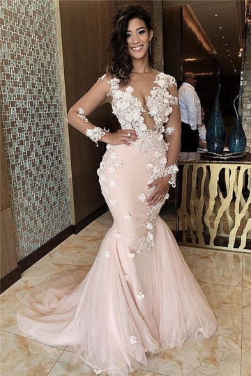 Pink Long Sleeve Appliques Mermaid Lace V-neck Evening Gowns JTE380