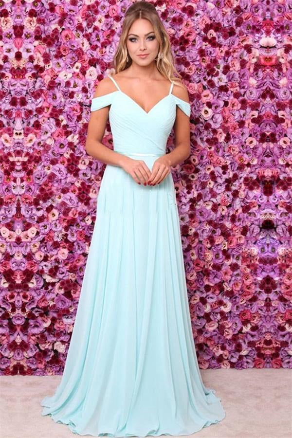 Light Blue Spaghetti Straps Ruffles A-line Prom Dress JTE382