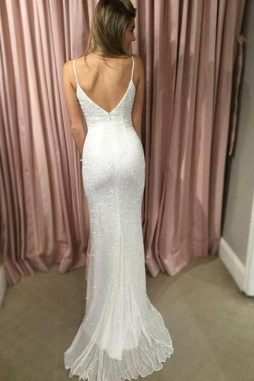White Mermaid Spaghetti-Straps Mermaid Evening Gown JTE385