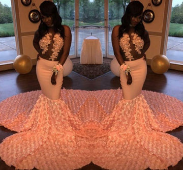 Pink Flowers Lace Appliques Mermaid Evening Gown JTE387