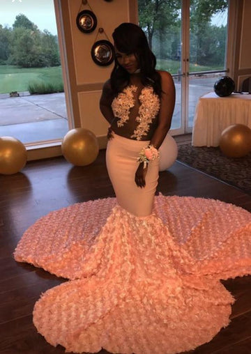 Pink Flowers Lace Appliques Mermaid Evening Gown JTE387