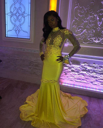 Long Sleeve High Neck Beads Appliques Mermaid Evening Gown JTE388