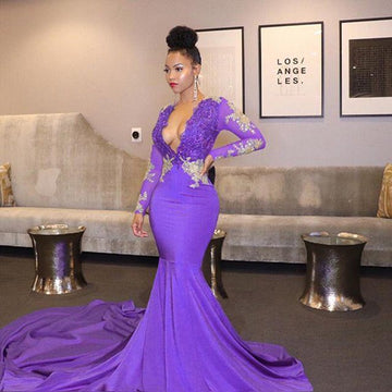 Purple Lace Appliques V-neck Long Sleeves Mermaid Evening Gown JTE389