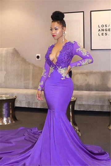 Purple Lace Appliques V-neck Long Sleeves Mermaid Evening Gown JTE389