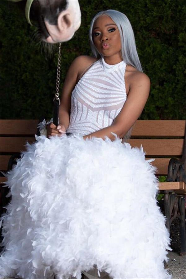 White Halter Feather Fit Flare Mermaid Evening Gown JTE390 White Halter Feather Fit Flare Mermaid Evening Gown JTE390
