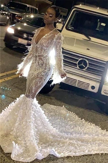 White V-neck Sparkle Beads Appliques Long Sleeve Mermaid Evening Gown JTE392