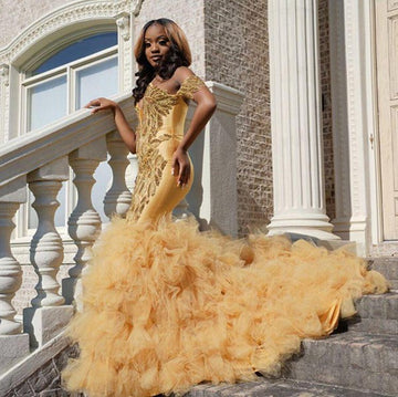 Gold Beads Appliques Off-the-Shoulder Ruffles Mermaid Evening Gown JTE393