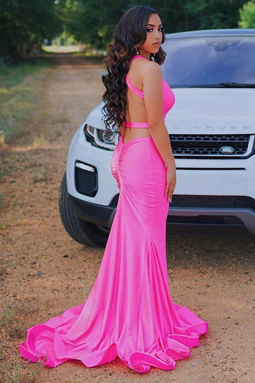 Hot Pink Criss-cross Back Mermaid Evening Gown JTE395
