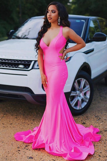 Hot Pink Criss-cross Back Mermaid Evening Gown JTE395