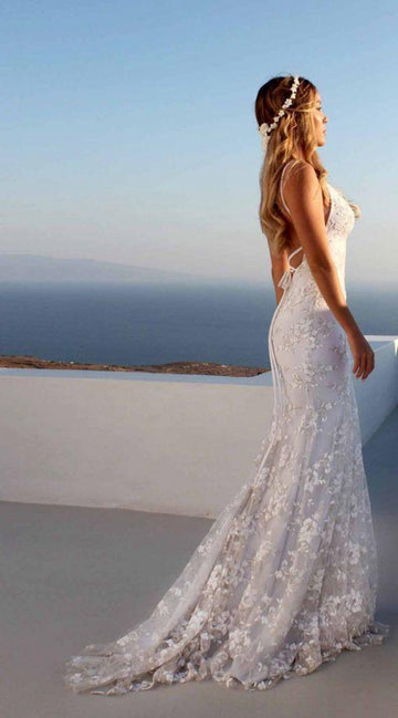 White Lace V-neck Spaghetti Mermaid Evening Gown JTE399