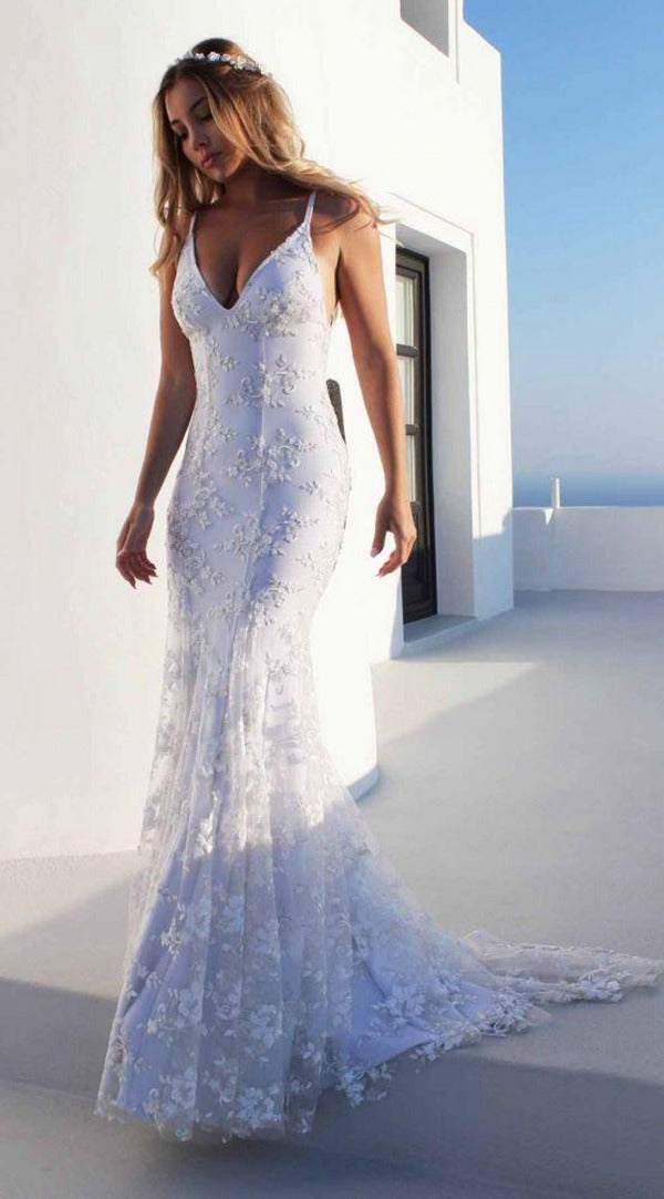 White Lace V-neck Spaghetti Mermaid Evening Gown JTE399