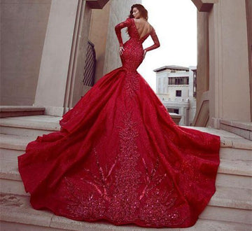 Red Long Sleeve Lace Beading Mermaid Evening Gown JTE401