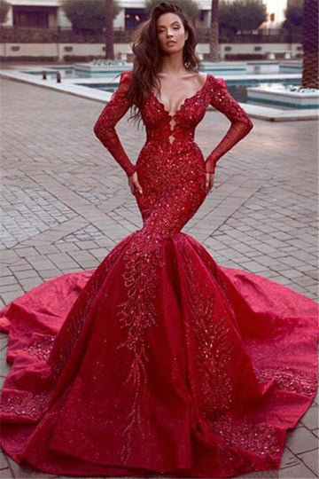 Red Long Sleeve Lace Beading Mermaid Evening Gown JTE401