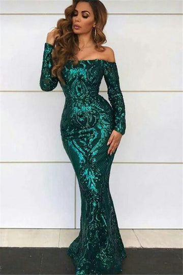 Dark Green Off Shoulder Long Sleeve Mermaid Sequins Evening Gown JTE404