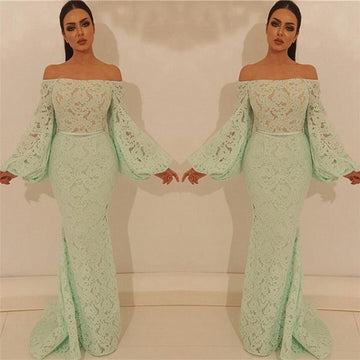 Trendy Green Mermaid Off-the-Shoulder Lace Long Sleeve Prom Gown JTE407