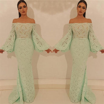 Trendy Green Mermaid Off-the-Shoulder Lace Long Sleeve Prom Gown JTE407
