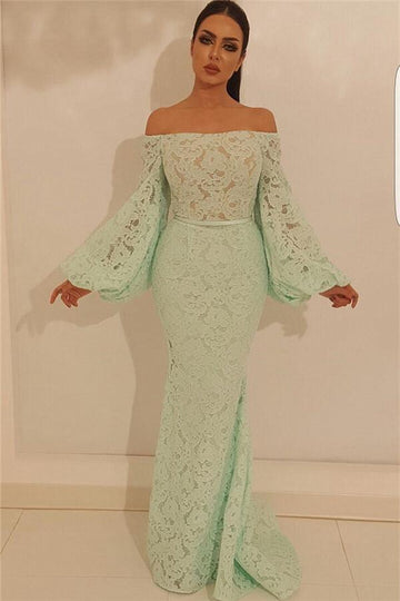 Trendy Green Mermaid Off-the-Shoulder Lace Long Sleeve Prom Gown JTE407